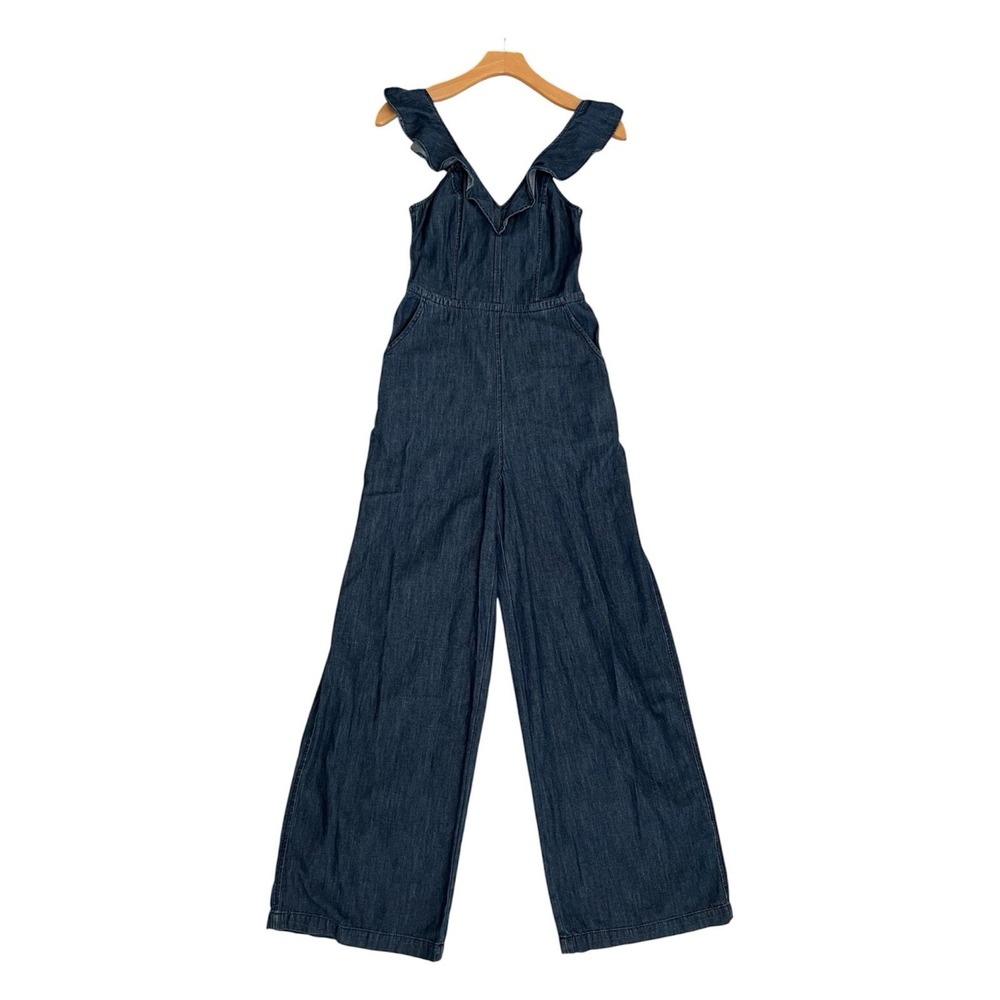 Express Dark Wash Denim Ruffle Strap Wide Leg Jumpsuit Womens 00 Cotton Chic